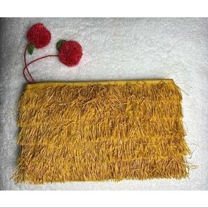 Yellow Fringe Straw Clutch Cherry Pom Pom Zip Small Summer Beach Bag